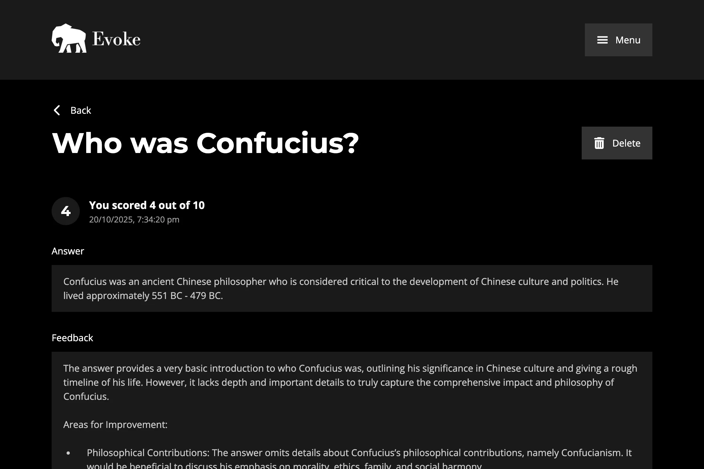 Recall attempt page with AI score and feedback.